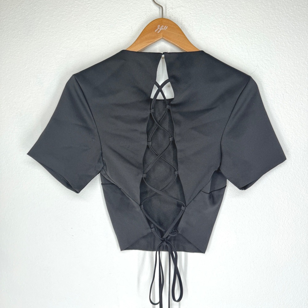 Lulus Black Lace Up Open Back Crop Top Short Sleeve Size Small Edgy Corset‎ Goth